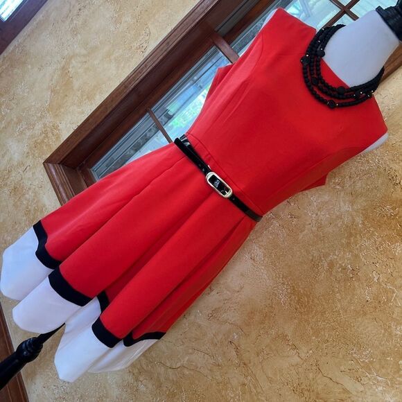 Liz Claiborne Color Block Orange, White Black Sleeveless Belted Dress Size 14P - Picture 2 of 8